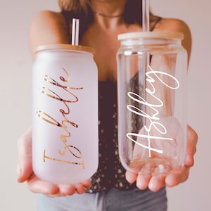 Glass Tumbler, Maid of Honor Gift, Glass Cup with Lid and Straw, Frosted Coffee Cup 16oz Bridesmaid Gift Bachelorette Bridesmaid Proposal