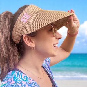 Embroidered Straw Visor, Beach Hat, Sun Hat Bachelorette Party Bag, Monogram Beach Hat, Personalized Gift, Floppy Hat