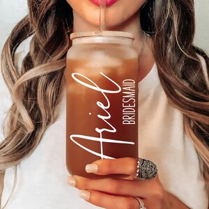 Iced Coffee Cup Bridesmaid Proposal Personalized Glass Tumbler Frosted Glass Tumbler, Bamboo Lid Coffee Cup, Maid Of Honor Gift, Name Title