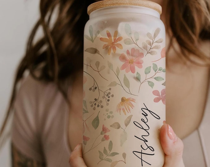 Personalized Iced Coffee Cup Floral Shell, Custom Can Glass with Lid and Straw, Bridesmaid Gift, Bachelorette Glass Cup, Bridesmaid Proposal