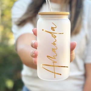 Bridesmaid Gift, Customized Glass Tumbler, Frosted Glass Tumbler, Iced Coffee Tumbler, Maid Of Honor Gift, Bachelorette Party Gift Glass Can