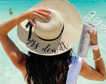 Floppy Beach Hat Personalized Floppy Hat Bride Hat with Name Custom Personalized Beach Hat Honeymoon Must Have Honeymoon Gifts