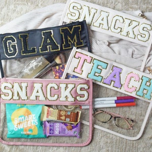 Clear Pouch with Patches, Snacks Bag Eco Friendly, Teacher Gift Personalized Gift Clear Bag, Makeup Cosmetic Bag, Gold Zipper