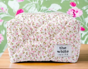 Quilted Makeup Bag, Floral Cotton Cosmetic Bag, Makeup Organizer Toiletry Bag Women, Makeup Bag, Snack Bag Pouch Travel Case Bag