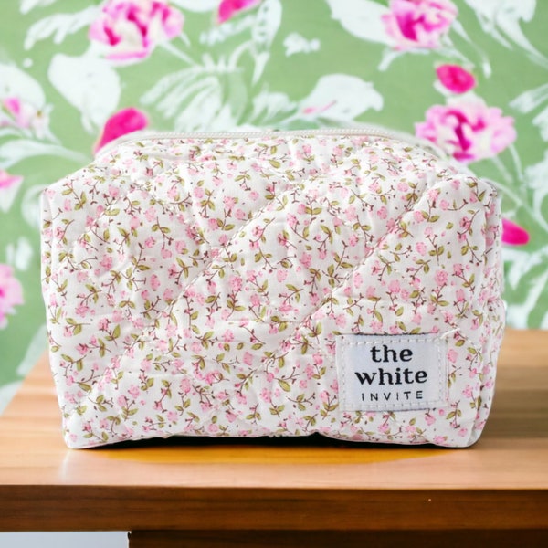 Quilted Makeup Bag, Floral Cotton Cosmetic Bag, Makeup Organizer Toiletry Bag Women, Makeup Bag, Snack Bag Pouch Travel Case Bag