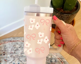 Personalized 40 oz Tumbler with Handle & Straw, Bridesmaid Proposal, Coquette Bow Floral Tumbler Gift for Women, Insulated Stainless