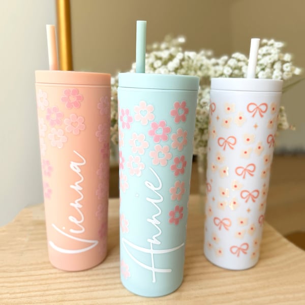 Custom Floral Tumbler With Lid and Straw, Bridesmaids Gifts, Acrylic Personalized Tumbler, Skinny Tumbler, Personalized Gift, Gift for Her