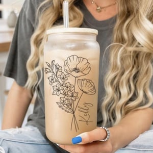 Personalized Birth Flower Coffee Cup With Name, Personalized Birth Flower Glass Tumbler, Bridesmaid Proposal- Gifts for Her Be My Bridesmaid