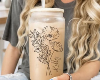 Personalized Birth Flower Coffee Cup With Name, Personalized Birth Flower Glass Tumbler, Bridesmaid Proposal- Gifts for Her Be My Bridesmaid