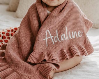 Ruffle Embroidered Baby Blanket with Name – Soft Cotton Knit Custom Blanket Personalized Newborn Baby Shower Gift Keepsake