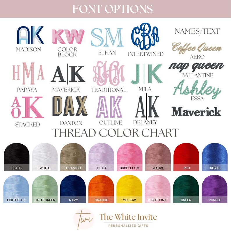 May include: A chart showing different font options for monogramming, including "AK", "KW", "SM", "CB", "HMA", "JK", "DAX", and "Ashley". The chart also includes a thread color chart with colors such as black, white, light blue, light green, navy, orange, yellow, light pink, green, and purple.