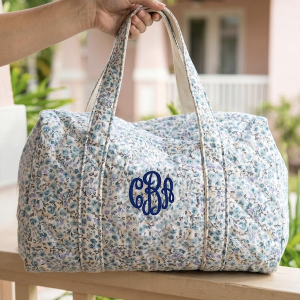 Bolsa de mano acolchada bordada, bolsa de lona con monograma floral, regalo para dama de honor, bolsa para fiesta nupcial, bolsa de viaje con cremallera