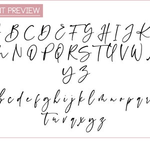 May include: A font preview image showing the uppercase and lowercase letters of the alphabet in a handwritten script style.