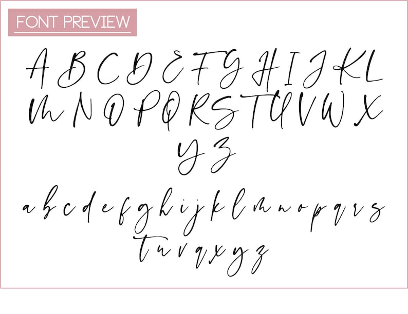 May include: A font preview image showing the uppercase and lowercase letters of the alphabet in a handwritten script style.