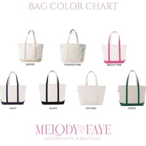 May include: A bag color chart displays various tote bags in different colors. The chart includes bags in Safari, Powder Pink, Bright Pink, Navy, Black, Natural, and Green. The text "BAG COLOR CHART" and "MELODY & FAYE CUSTOM GIFTS & BOUTIQUE" are also visible.