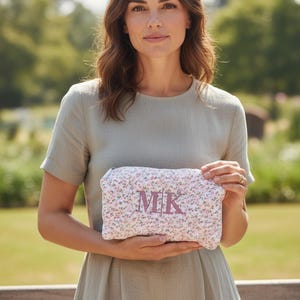 Embroidered Makeup Bag, Custom Floral Quilted Cosmetic Bag, Personalized Gift Toiletry Bag, Bridesmaid Gift, Makeup Pouch Christmas Gift image 9