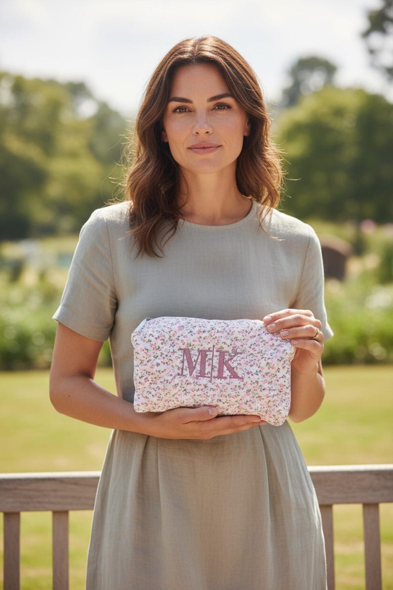 Embroidered Makeup Bag, Custom Floral Quilted Cosmetic Bag, Personalized Gift Toiletry Bag, Bridesmaid Gift, Makeup Pouch Christmas Gift image 9