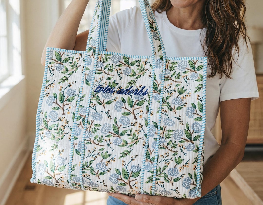 Embroidered Cotton Quilted Bag, Block Print Tote Bag for Women, Boho Travel Bag, Handmade Shoulder Purse, Large Floral Weekender, Bridesmaid