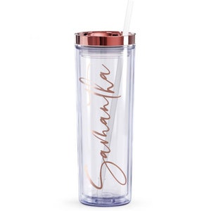 Personalized Tumbler With Lid and Straw, Bridesmaids Gifts, Acrylic Custom Tumbler, Skinny Tumbler, Personalized Gift, Teacher Gift Cup Clear w Rose Goldlid