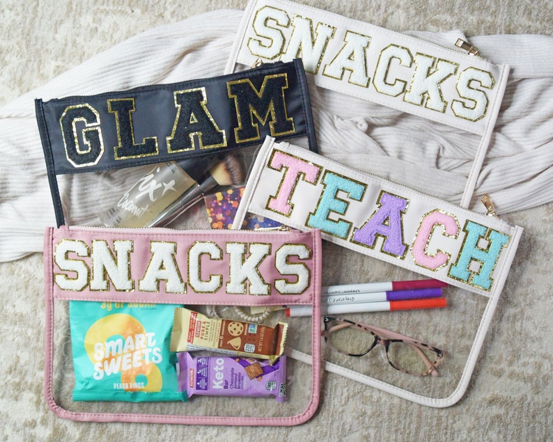 Clear Pouch with Patches, Snacks Bag Eco Friendly, Teacher Gift Personalized Gift Clear Bag, Makeup Cosmetic Bag, Gold Zipper image 1