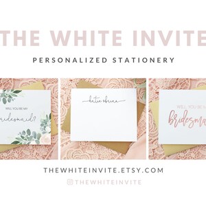 May include: Three white cards with different designs. The first card has a watercolour floral design with the text "Will you be my bridesmaid?" The second card has the text "katie ofruan" written in cursive. The third card has the text "Will you be my bridesmaid?" written in pink cursive.