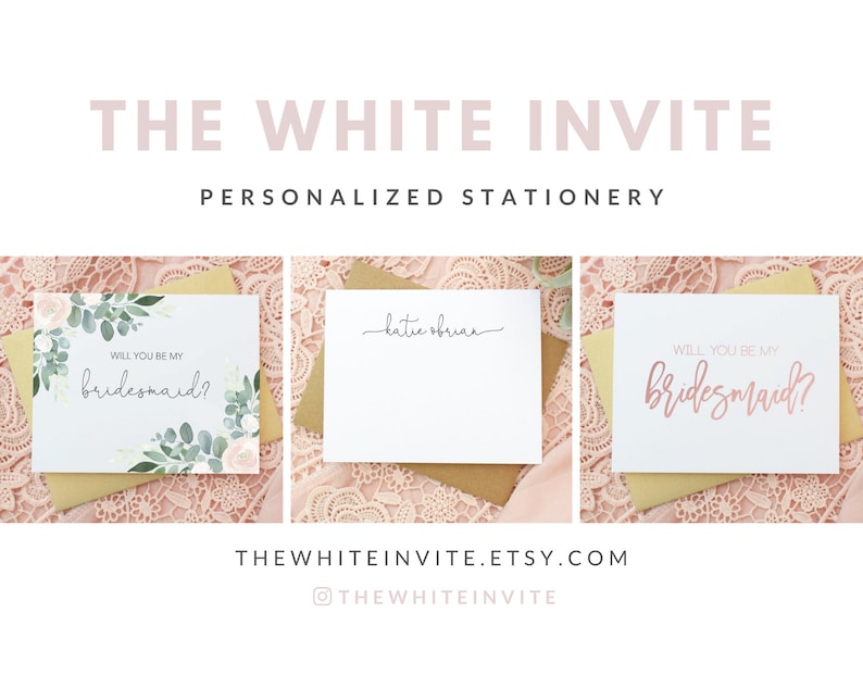 May include: Three white cards with different designs. The first card has a watercolour floral design with the text "Will you be my bridesmaid?" The second card has the text "katie ofruan" written in cursive. The third card has the text "Will you be my bridesmaid?" written in pink cursive.