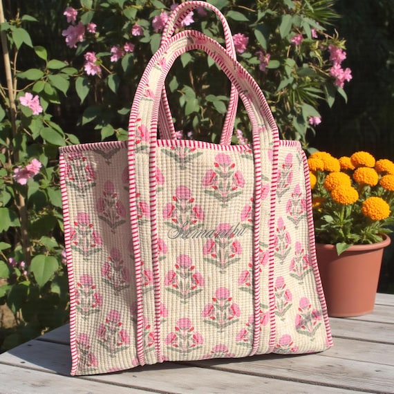 Embroidered Cotton Quilted Bag, Block Print Tote Bag for Women, Boho Travel Bag, Handmade Shoulder Purse, Large Floral Weekender, Bridesmaid
