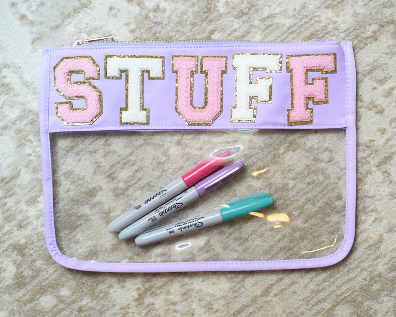 Clear Pouch with Patches, Snacks Bag Eco Friendly, Teacher Gift Personalized Gift Clear Bag, Makeup Cosmetic Bag, Gold Zipper Stuff (purple)