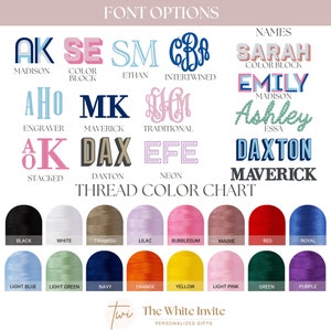 May include: A chart showing different font styles and thread colors for embroidery. The font styles include Madison, Color Block, Ethan, Intertwined, Engraver, Maverick, Traditional, Stacked, and DAXTON. The thread colors include black, white, tiramisu, lilac, bubblegum, mauve, red, royal, light blue, light green, navy, orange, yellow, light pink, green, and purple.