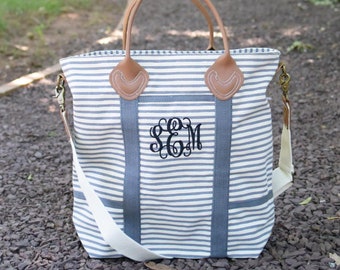 Monogrammed Tote Bag, Striped Tote with Leather Handle Embroidered Tote Bag, Personalized Summer Tote Monogram Teacher Bag Bridesmaid Gift