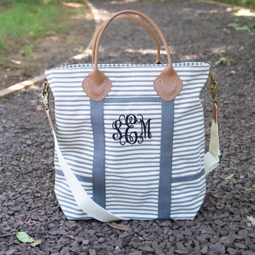 Monogrammed Tote Bag Striped Tote With Leather Handle - Etsy
