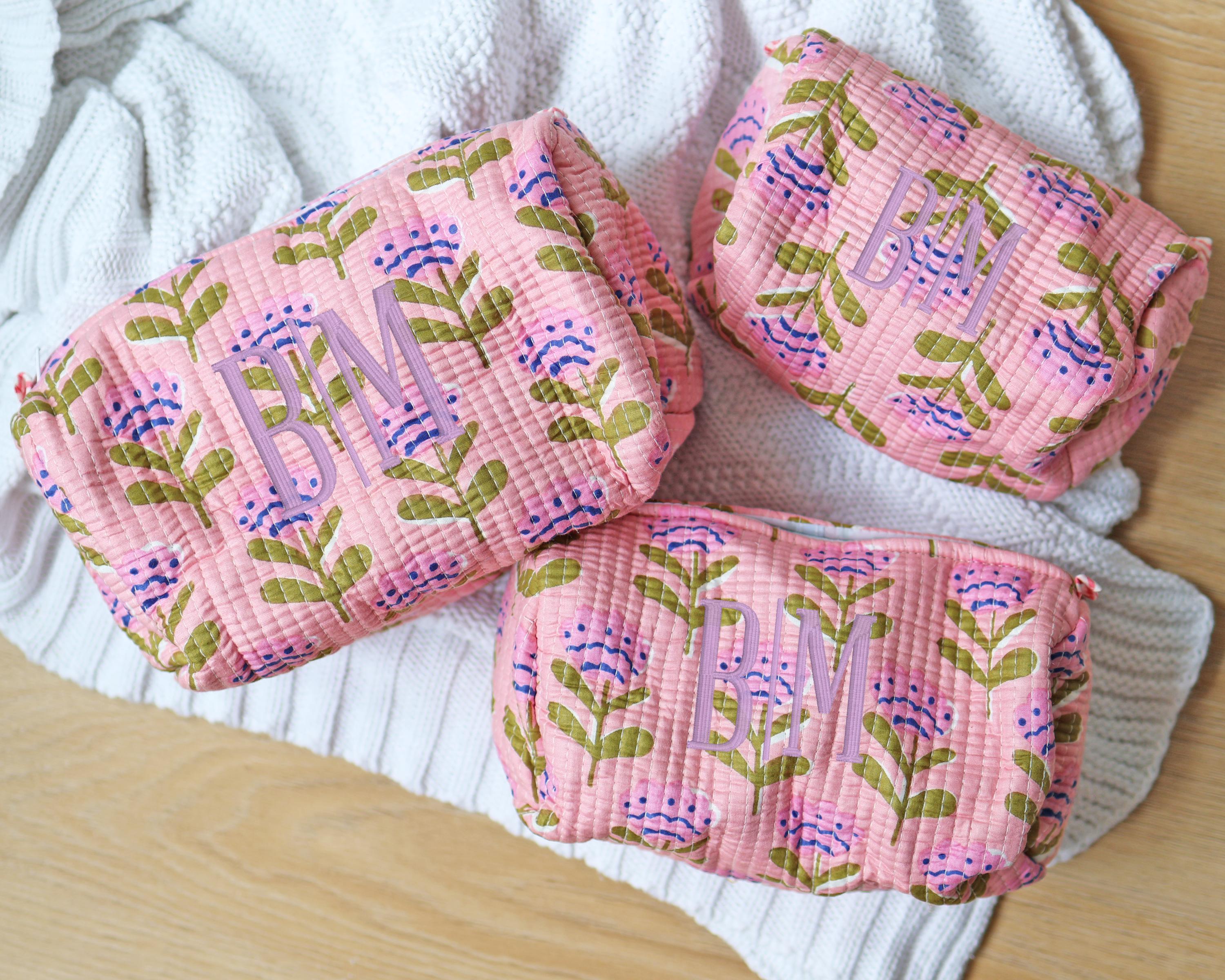 Personalized Block Pattern Floral Makeup Bag Custom Gift Bridesmaid Gifts Embroidered Quilted Toiletry Pouch Travel Cosmetic Case Gift
