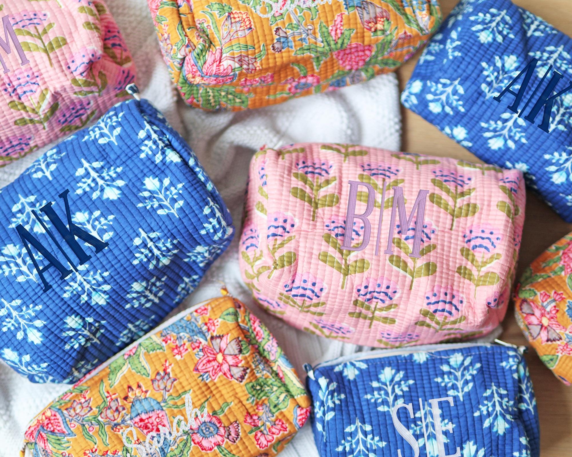 Personalized Block Pattern Floral Makeup Bag Custom Gift Bridesmaid Gifts Embroidered Quilted Toiletry Pouch Travel Cosmetic Case Gift