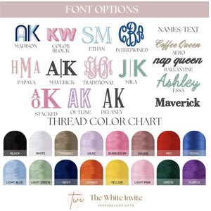 May include: A chart displaying font options and thread color choices for personalized gifts. Font styles include Madison, Color Block, Ethan, Intertwined, Papaya, Maverick, Traditional, Mila, Stacked, Outline, and Delaney. Thread colors range from black to purple.