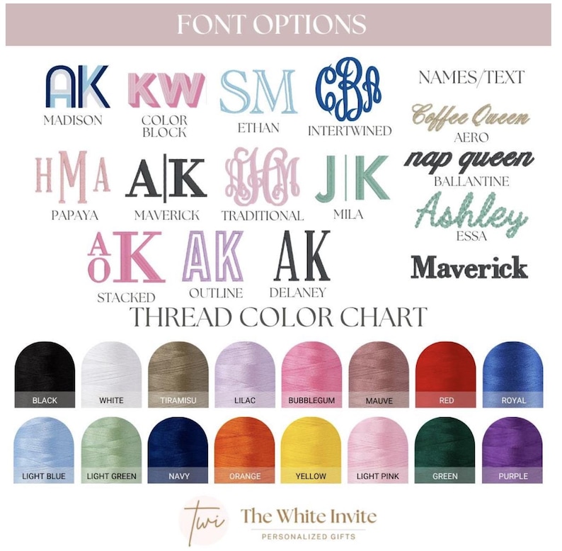 May include: A chart displaying font options and thread color choices for personalized gifts. Font styles include Madison, Color Block, Ethan, Intertwined, Papaya, Maverick, Traditional, Mila, Stacked, Outline, and Delaney. Thread colors range from black to purple.