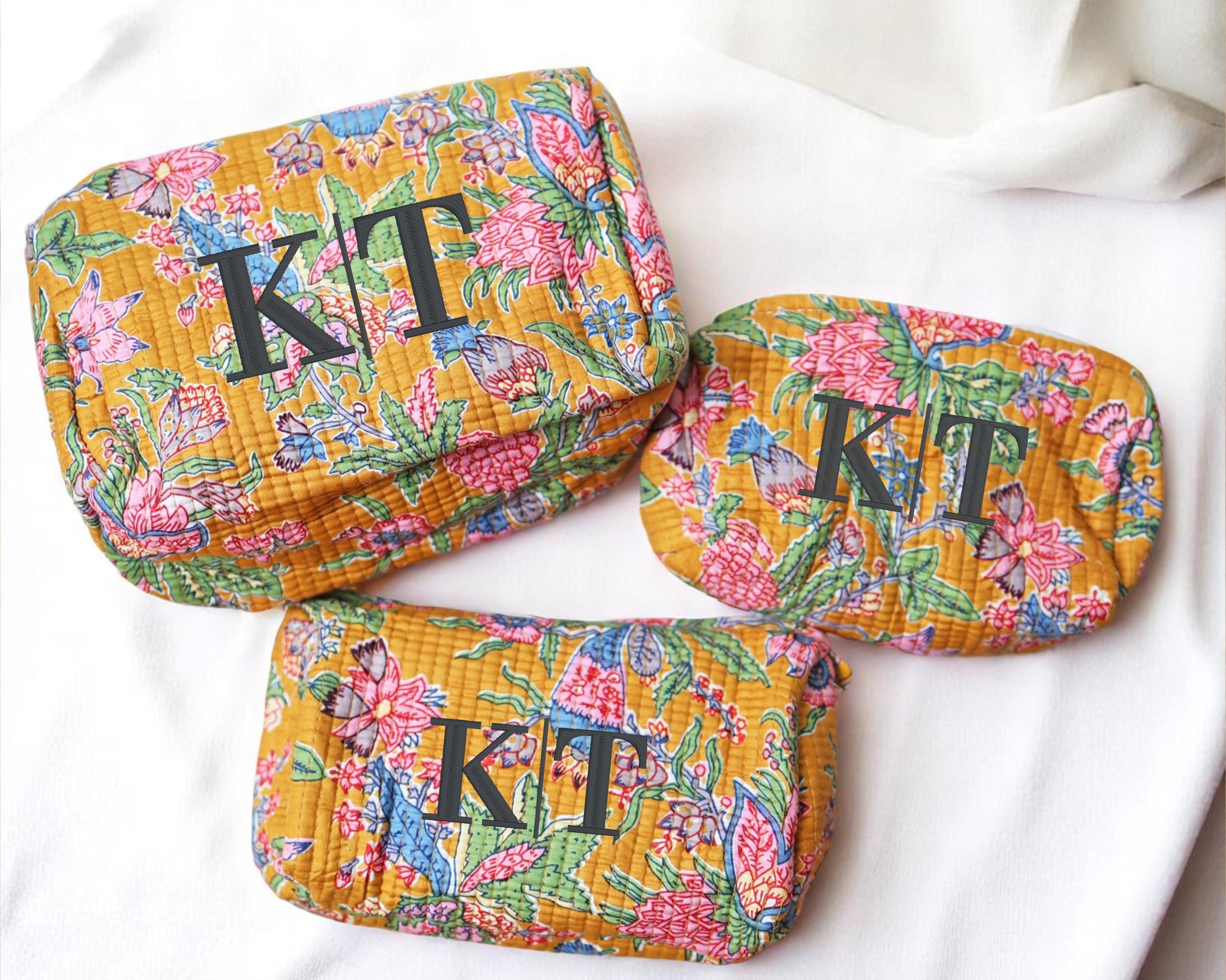 Personalized Block Pattern Floral Makeup Bag Custom Gift Bridesmaid Gifts Embroidered Quilted Toiletry Pouch Travel Cosmetic Case Gift