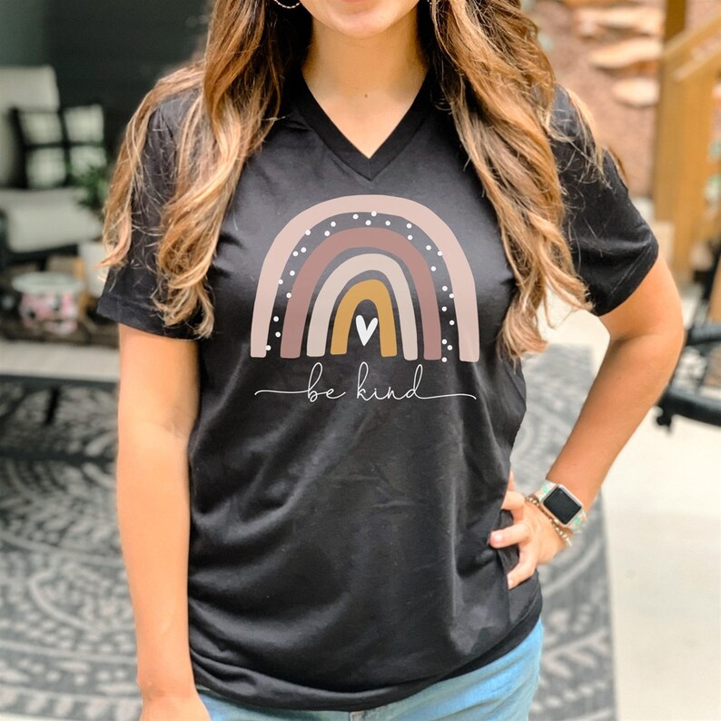 Women's Graphic Tees V Neck Be Kind Shirt Rainbow Etsy