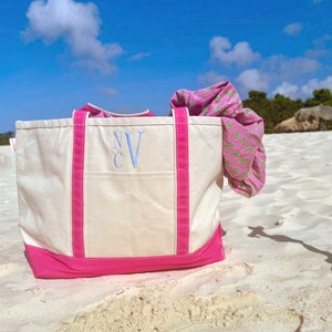 A canvas tote bag with blue trim and the monogram embroidered on the front. Custom Canvas Tote Bag with Zipper, Monogram Classic Tote Bag, Bridesmaid Gift, Embroidered Tote, Bridal Party Bag, Bachelorette Party Bag