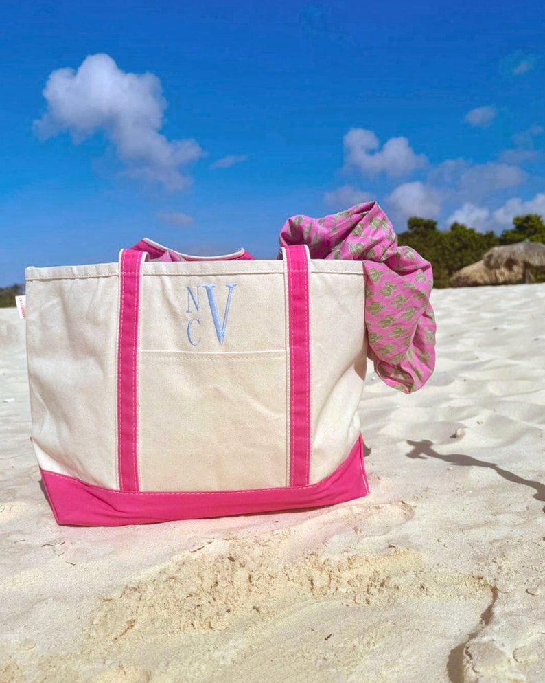 A canvas tote bag with blue trim and the monogram embroidered on the front. Custom Canvas Tote Bag with Zipper, Monogram Classic Tote Bag, Bridesmaid Gift, Embroidered Tote, Bridal Party Bag, Bachelorette Party Bag