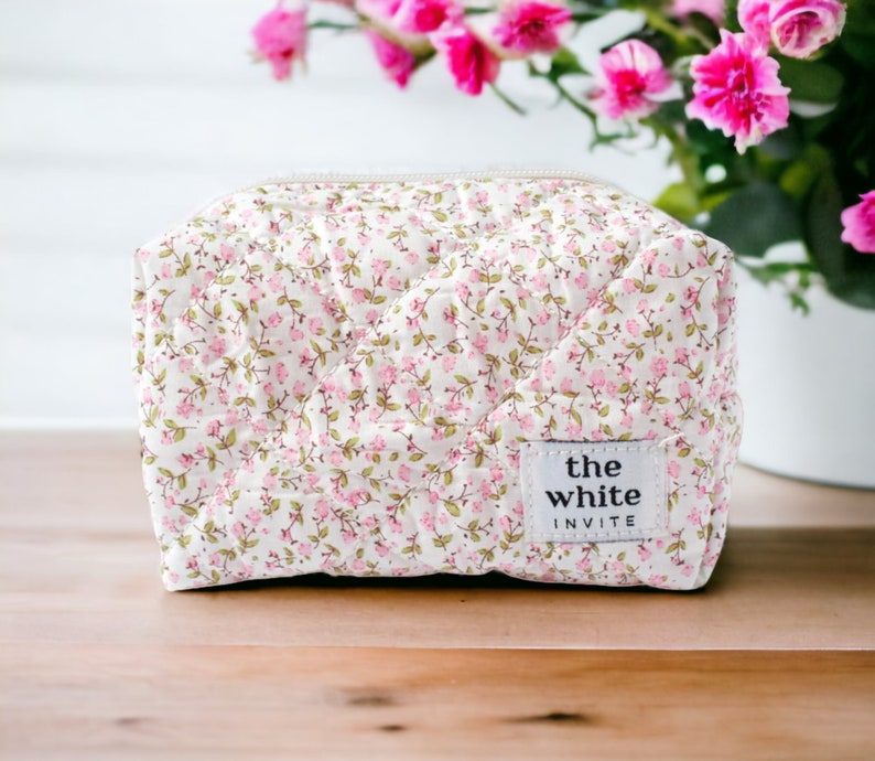 Floral Makeup Bag, Quilted Cotton Cosmetic Bag, Personalized Gift, Toiletry Bag Women, Makeup Bag, Snack Bag Pouch Travel Bag Blush Blossoms