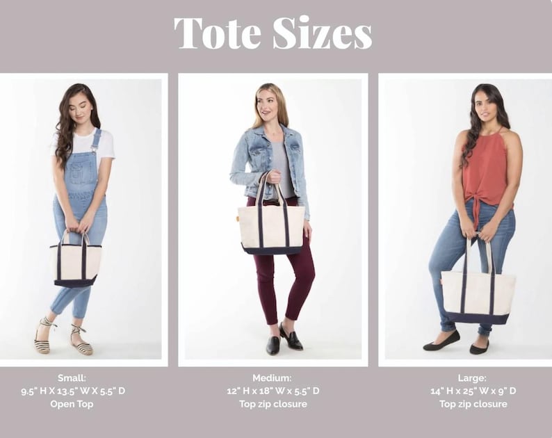 May include: Image showing three tote bags in different sizes: small, medium, and large. The small tote is 9.5" H x 13.5" W x 5.5" D with an open top. The medium tote is 12" H x 18" W x 5.5" D with a top zip closure. The large tote is 14" H x 25" W x 9" D with a top zip closure.