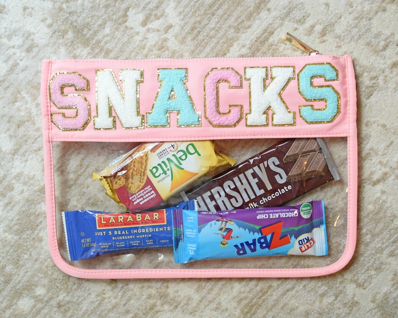 Clear Pouch with Patches, Snacks Bag Eco Friendly, Teacher Gift Personalized Gift Clear Bag, Makeup Cosmetic Bag, Gold Zipper Snacks (pink)