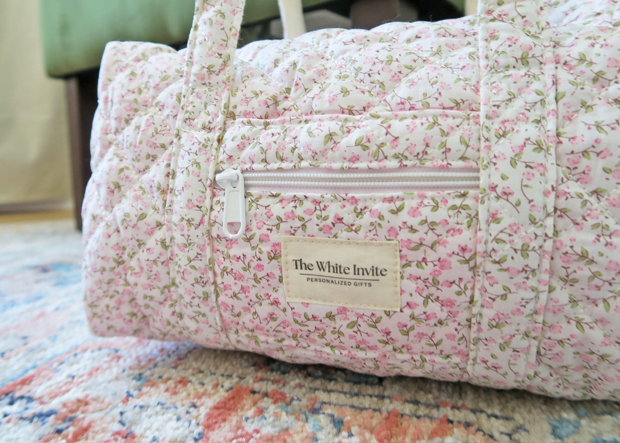 Embroidered Quilted Tote Bag, Monogrammed Duffle Bag Floral, Bridesmaid Gift, Bridal Party Bag, Overnight Bag with Zipper, Gift for Her