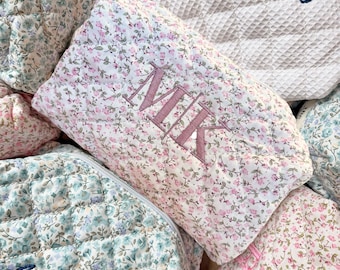 Personalized Embroidered Floral Makeup Bag Pouch, Bridesmaid Gift, Custom Quilted Cotton Cosmetic Bag, Toiletry Bag Women