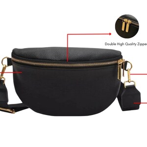 K&ouml;nnte beinhalten: Schwarze Leder-Bauchtasche mit goldfarbenem Rei&szlig;verschluss und verstellbarem Gurt. Die Tasche hat ein strapazierf&auml;higes, genarbtes Leder&auml;u&szlig;eres und einen abnehmbaren Gurt mit einem robusten Haken.