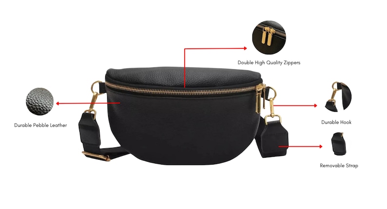 K&ouml;nnte beinhalten: Schwarze Leder-Bauchtasche mit goldfarbenem Rei&szlig;verschluss und verstellbarem Gurt. Die Tasche hat ein strapazierf&auml;higes, genarbtes Leder&auml;u&szlig;eres und einen abnehmbaren Gurt mit einem robusten Haken.