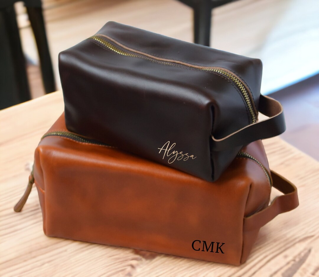 Personalized Leather Dopp Kit With Name Initial Custom Makeup Bag