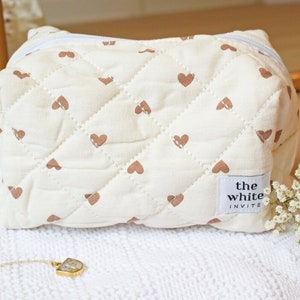 Floral Makeup Bag, Quilted Cotton Cosmetic Bag, Personalized Gift, Toiletry Bag Women, Makeup Bag, Snack Bag Pouch Travel Bag Taupe Hearts