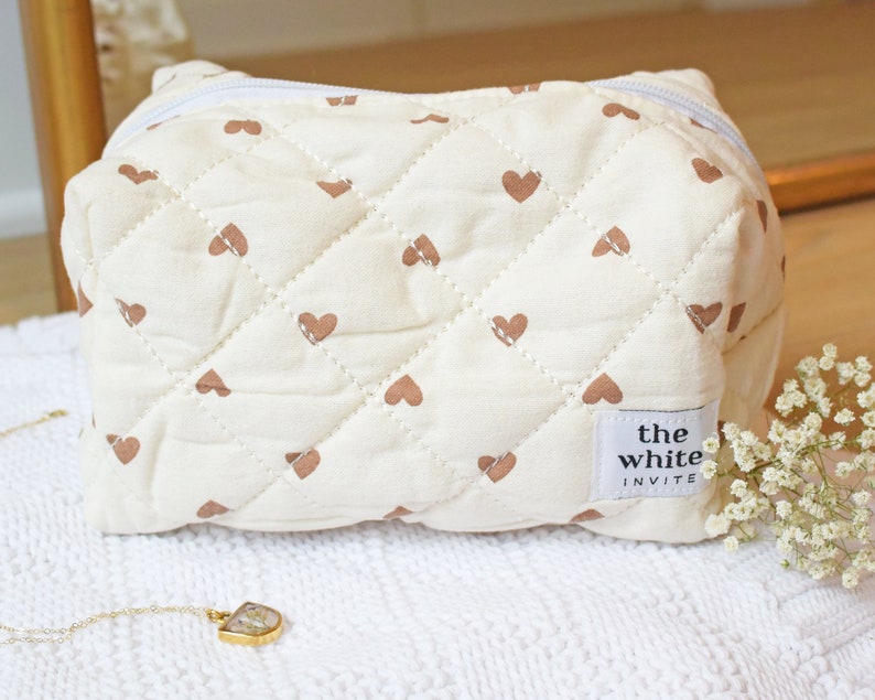 Floral Makeup Bag, Quilted Cotton Cosmetic Bag, Personalized Gift, Toiletry Bag Women, Makeup Bag, Snack Bag Pouch Travel Bag Taupe Hearts