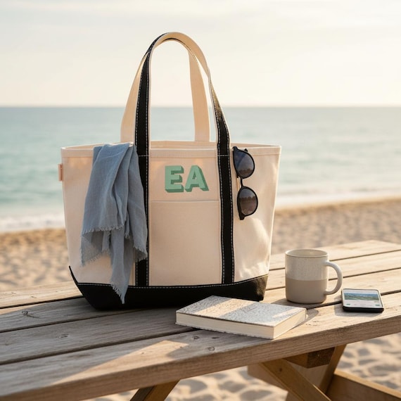 Embroidered Monogram Tote Bag Personalized Canvas Tote, Bridesmaid Gift, Embroidered Sailboat Tote Teacher Bag, Pool Bag & Beach Bag